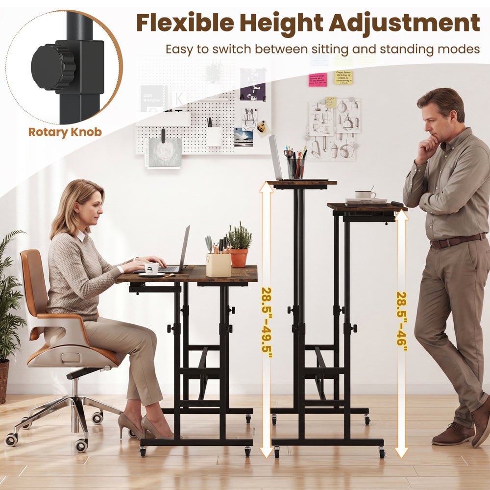 Height adjustable mobile standing desk in rustic brown with ergonomic design, power outlets, and rolling wheels for easy mobility.