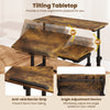 Height adjustable mobile standing desk in rustic brown with tilting tabletop and anti-skid barrier for ergonomic use.