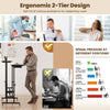 Height adjustable mobile standing desk in rustic brown features ergonomic 2-tier design and built-in charging station for versatile use.