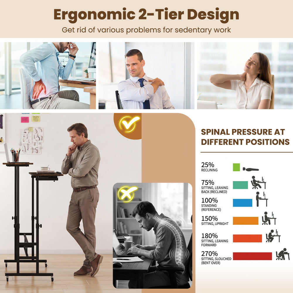 Height adjustable mobile standing desk in rustic brown features ergonomic 2-tier design and built-in charging station for versatile use.