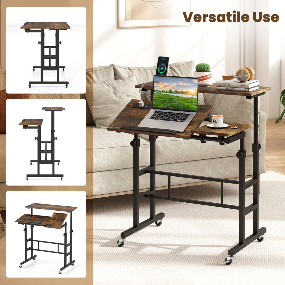 Height adjustable mobile standing desk in rustic brown features a tilting tabletop and built-in power outlets for versatile use.