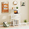 Height adjustable mobile computer stand-up desk in white with wheels, featuring a top shelf and bottom storage for.