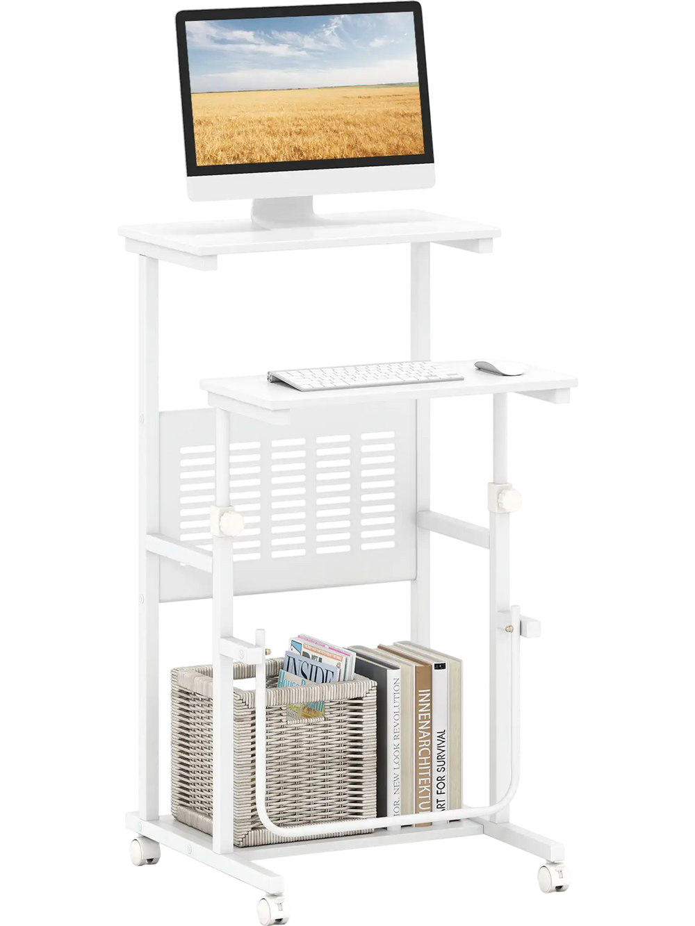 Height adjustable mobile computer stand-up desk in white with wheels, bottom storage shelf, and ergonomic footrest for.