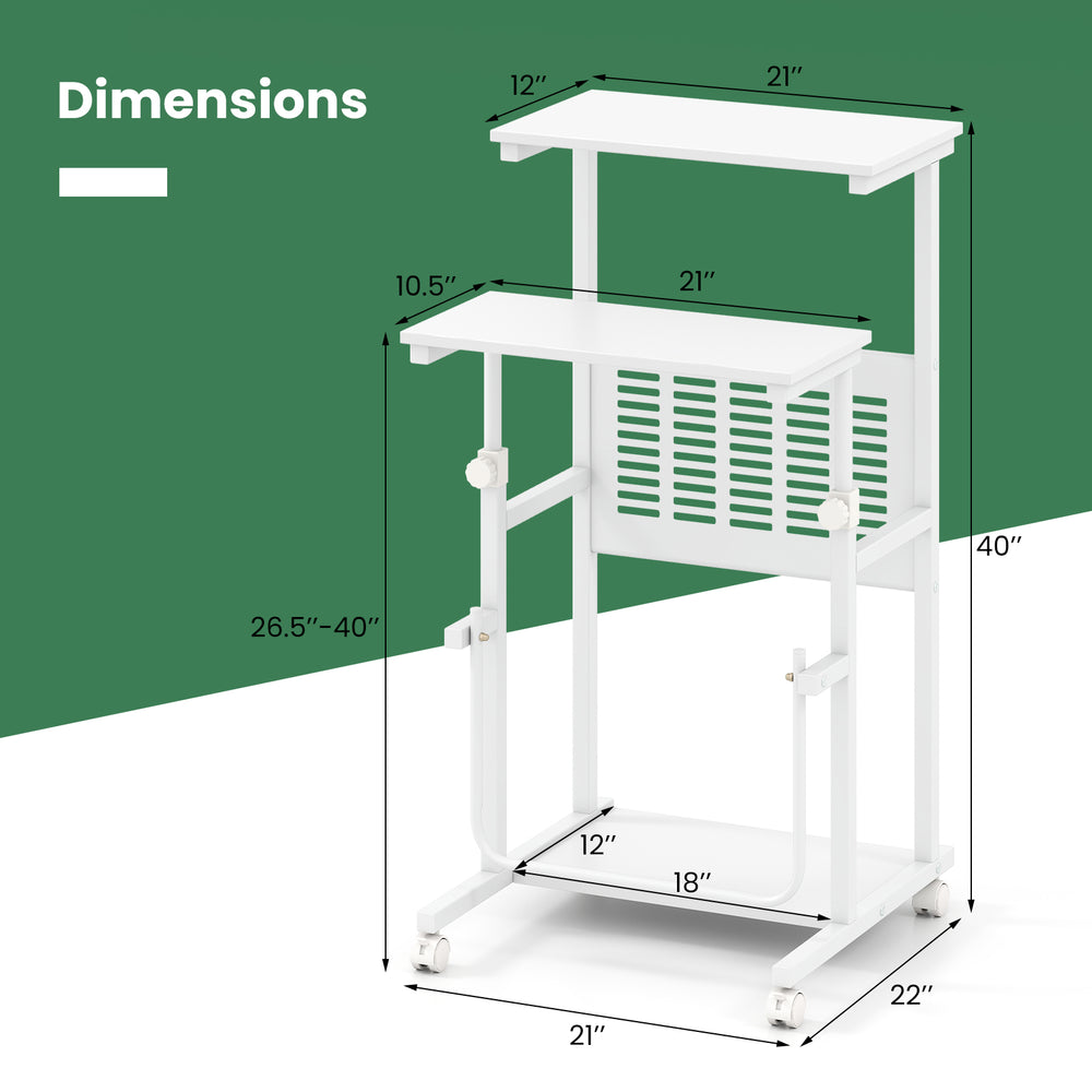 Height adjustable mobile computer stand-up desk dimensions with two modes, featuring a compact design and universal.