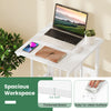 Height adjustable mobile computer desk in white with a spacious workspace, easy-to-clean surface, and universal wheels.