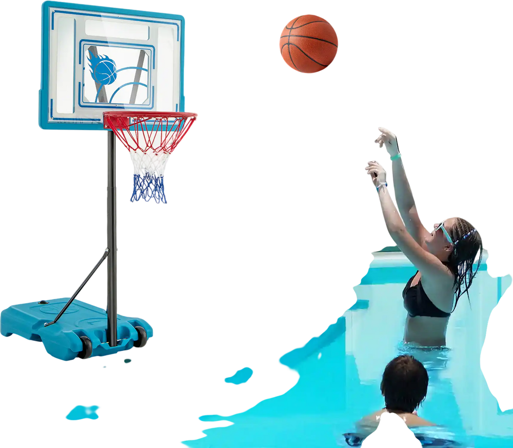Height adjustable blue pool basketball hoop with sturdy backboard, ideal for kids and adults, shown by the poolside.