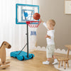 Height adjustable blue basketball hoop for kids, featuring a sturdy backboard and stable base for indoor or outdoor.