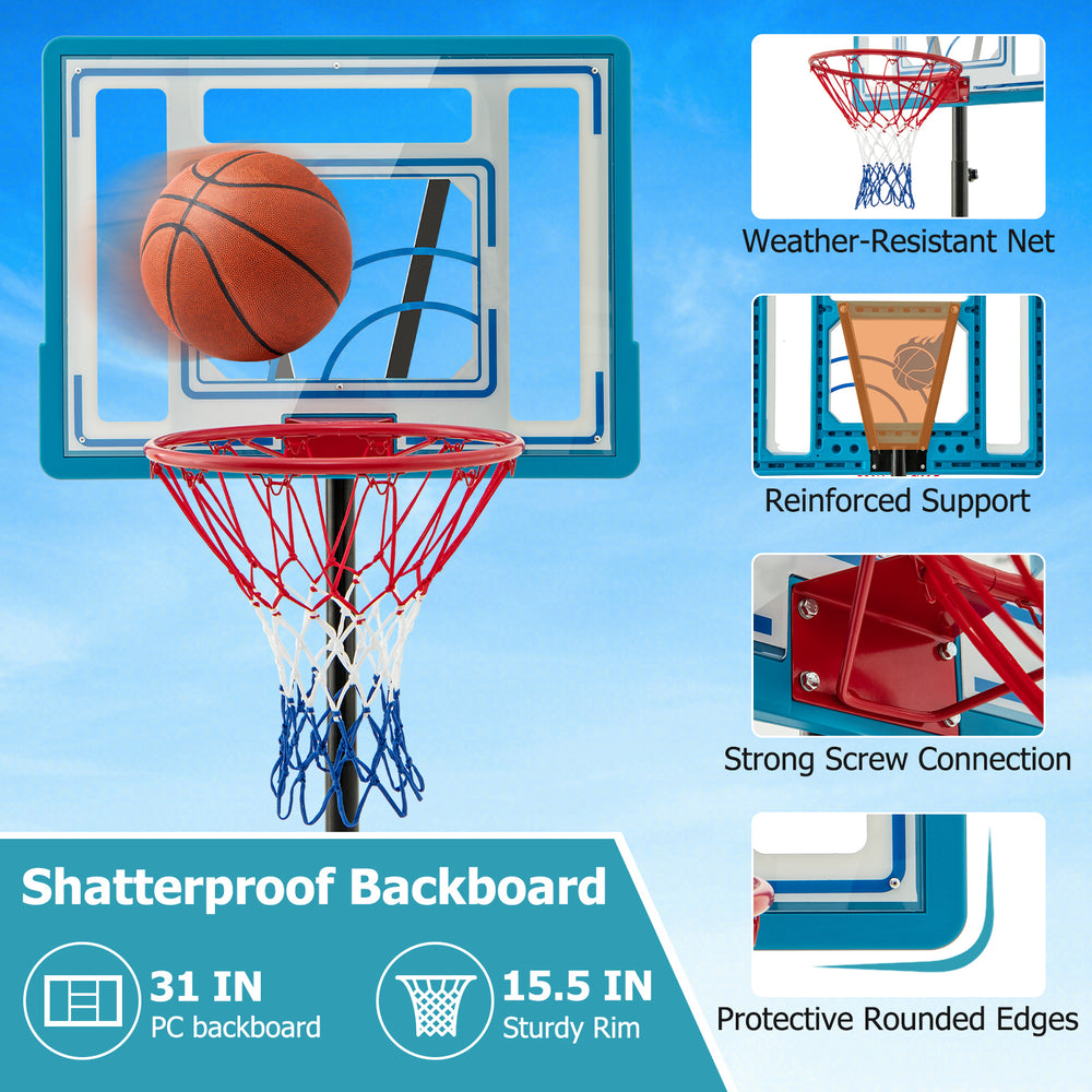 Height adjustable blue pool basketball hoop with shatterproof backboard, sturdy rim, and weather-resistant net for all.
