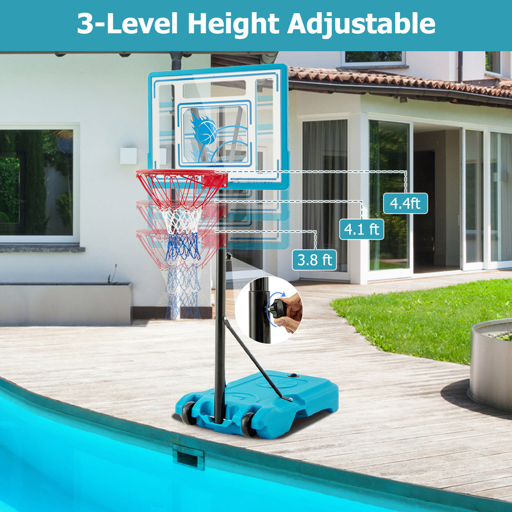 Height adjustable pool basketball hoop in blue, featuring a sturdy backboard and stable base for all ages.