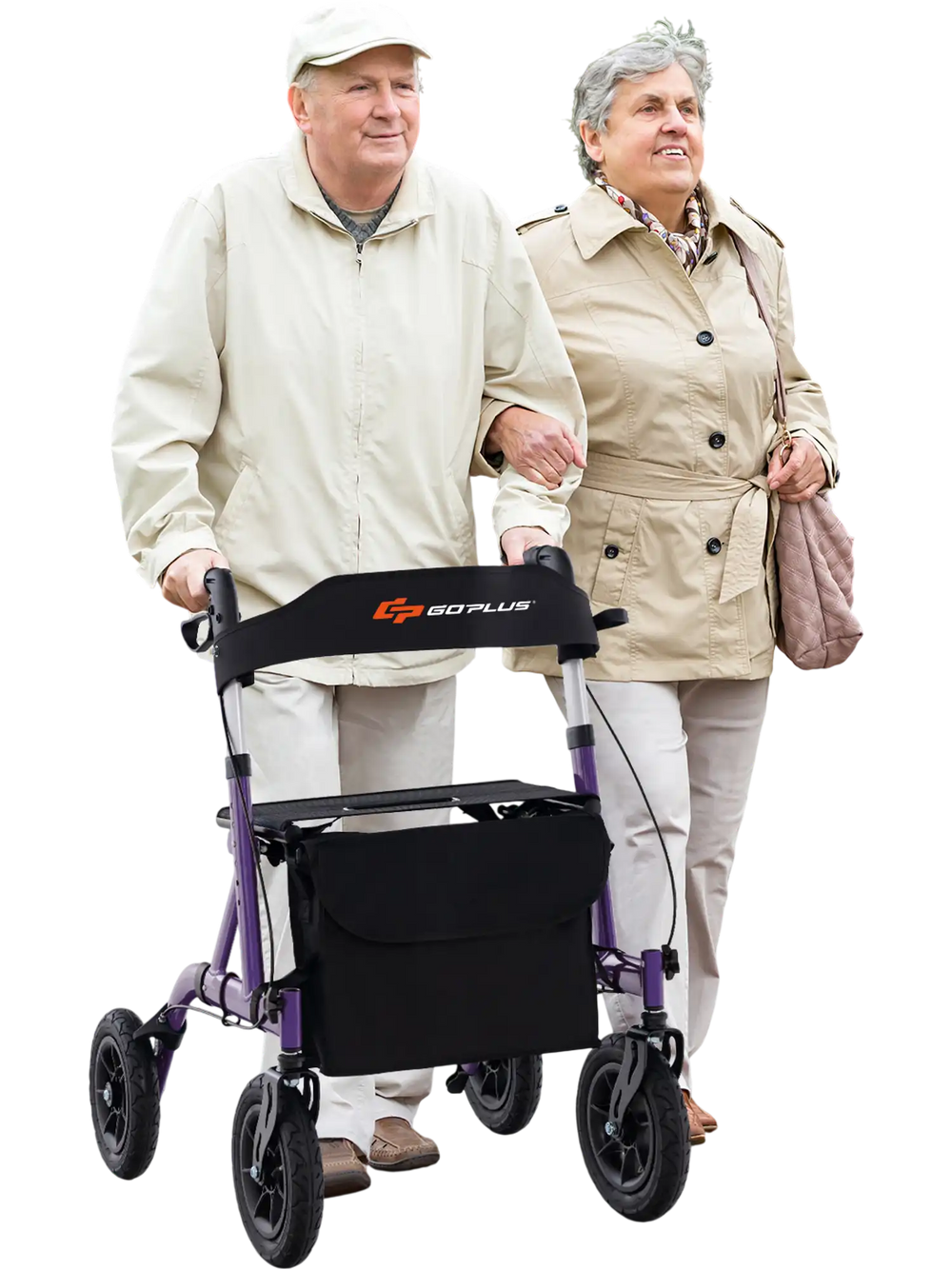 Height adjustable purple rollator walker with seat, featuring all-terrain wheels, used by seniors in a park.
