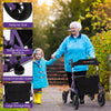 Height adjustable purple rollator walker with seat, large storage bag, and all-terrain wheels for seniors' mobility.