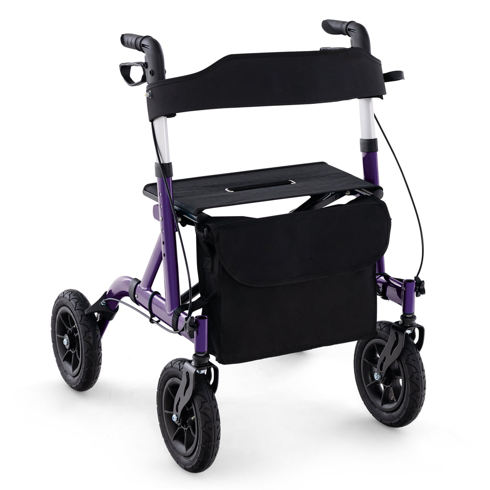 Height adjustable purple rollator walker with a large storage bag, all-terrain wheels, and a comfortable seat for.