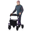 Height adjustable purple rollator walker with seat, large storage bag, and 9.5" all-terrain wheels for seniors.