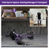 Foldable purple rollator walker with seat, featuring all-terrain wheels, stored in a car for easy transport.