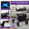 Height adjustable rollator walker in purple with a comfortable seat, large storage bag, and all-terrain wheels for.