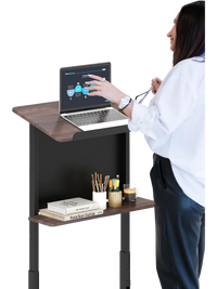 Height adjustable rolling podium stand with tilted tabletop, storage shelf, and lockable casters for presentations.