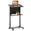 Height adjustable rolling podium stand with a tilted tabletop, extra storage shelf, and stable metal base for easy.