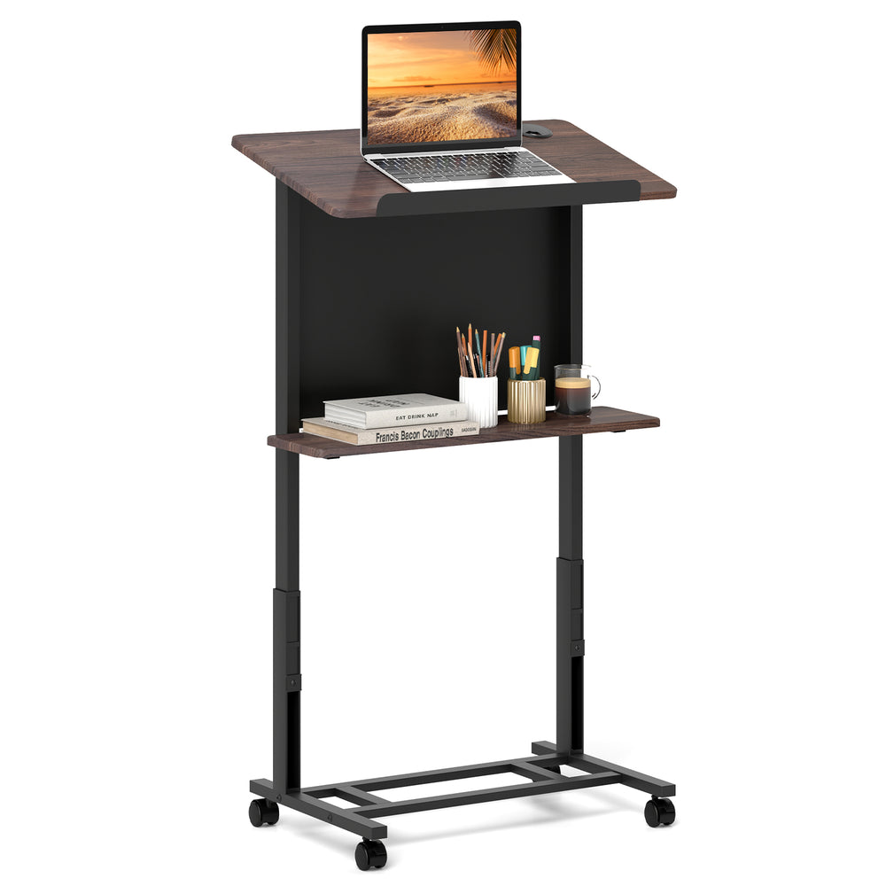 Height adjustable rolling podium stand with a tilted tabletop, extra storage shelf, and stable metal base for easy.