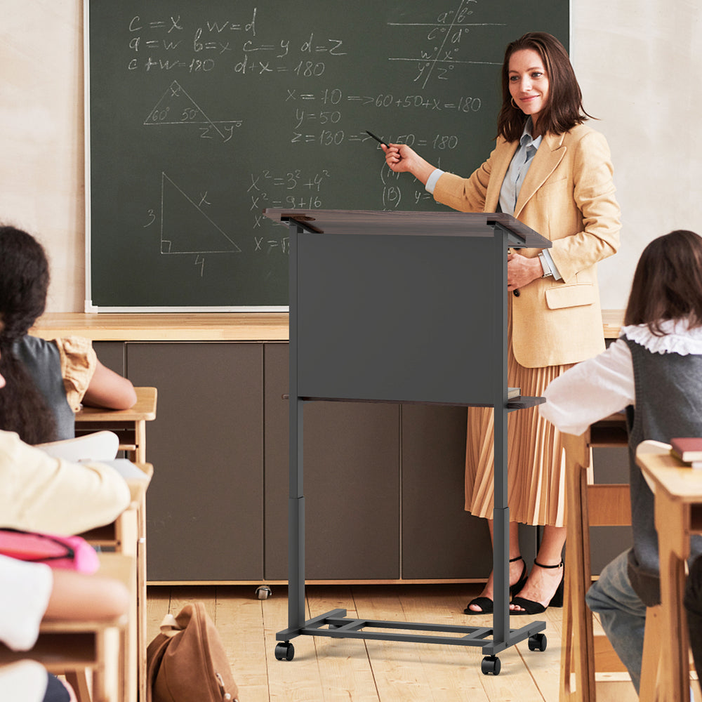 Height adjustable black rolling podium stand with tilted tabletop, edge stopper, and extra storage shelf for classroom.