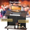 Height adjustable black podium stand with tilted tabletop, edge stopper, and round corners for safety and comfort.