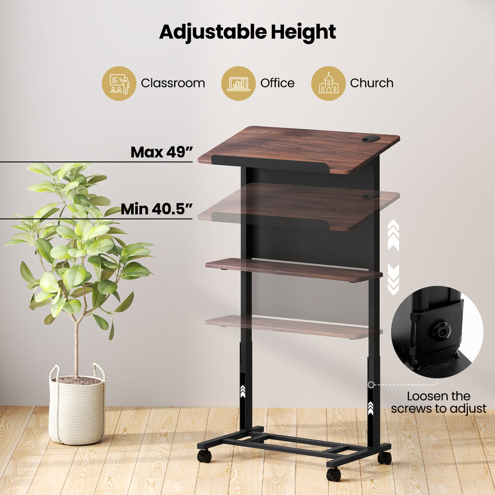 Height adjustable rolling podium stand with a black finish, featuring a tilted tabletop and extra storage shelf for.