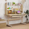 Height adjustable writing table in yellow with a tilt desktop, upper shelf, and retractable book stand for kids' study.