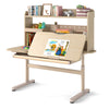 Height adjustable writing table in yellow with a tilt desktop, retractable book stand, and spacious storage for kids.