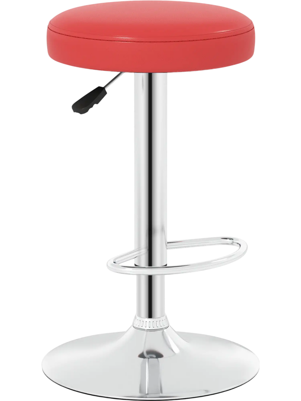 Height-adjustable red bar stool with 360° swivel, soft PU leather, and a sturdy metal frame for kitchen and dining use.