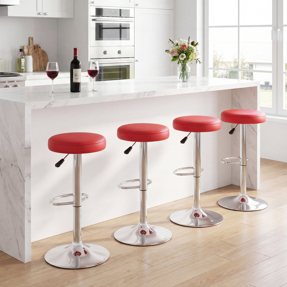 Red height-adjustable bar stools with 360° swivel and chrome base, perfect for modern kitchens and dining areas.