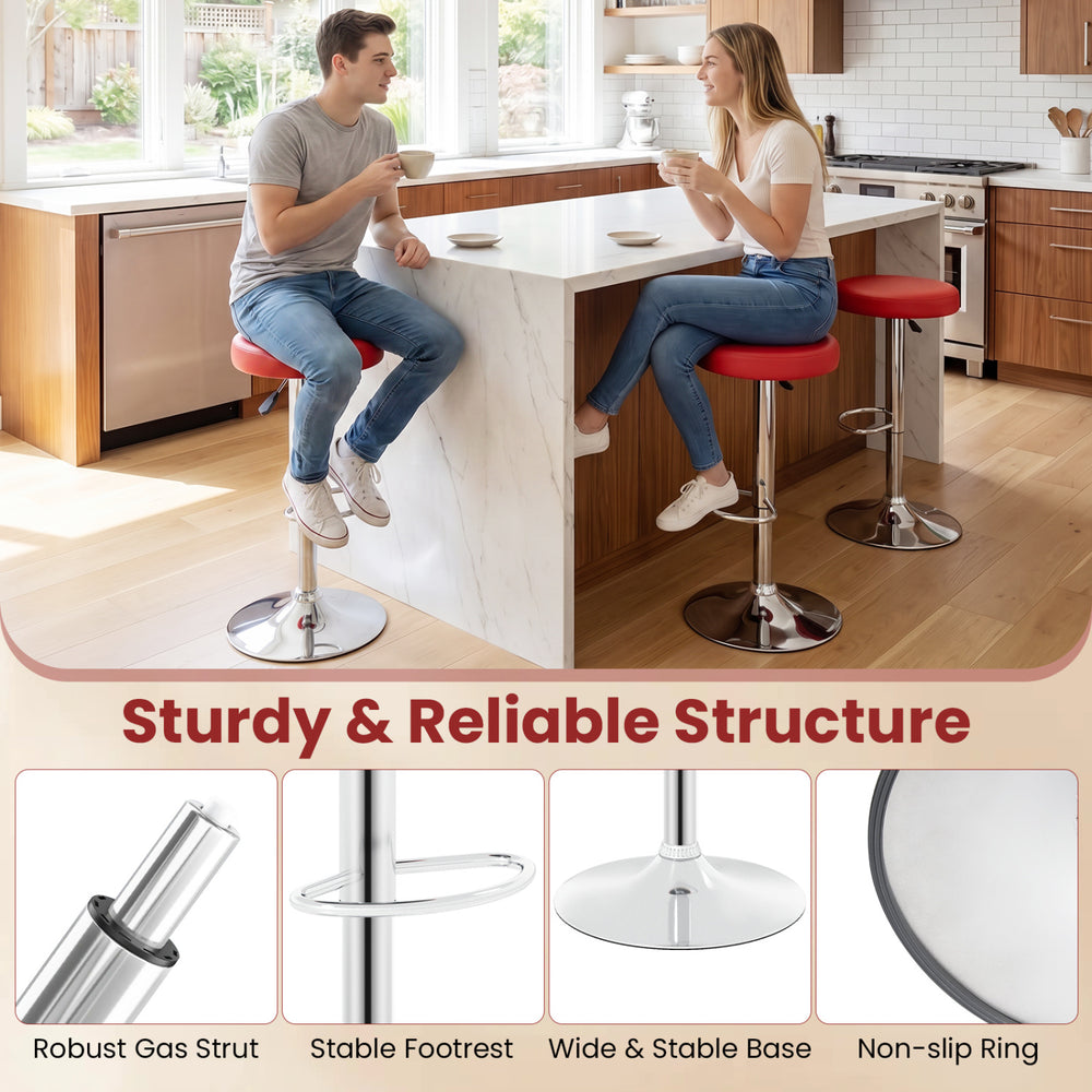 Height-adjustable red bar stool with 360° swivel, soft PU leather, and stable base, perfect for kitchen or dining use.
