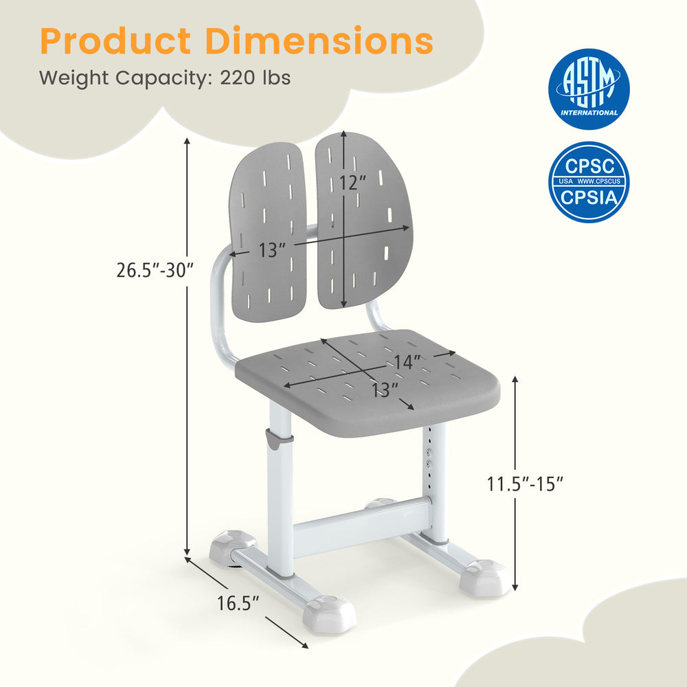 Height-adjustable gray kid's study chair dimensions with double back support for proper posture and sturdy metal frame.