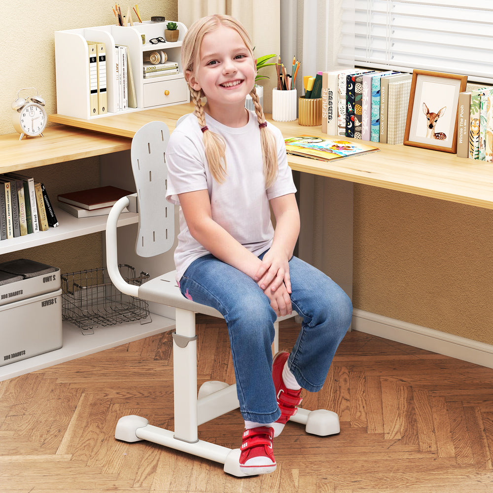 Height-adjustable gray kid's study chair with double back support, perfect for maintaining posture in a home office.