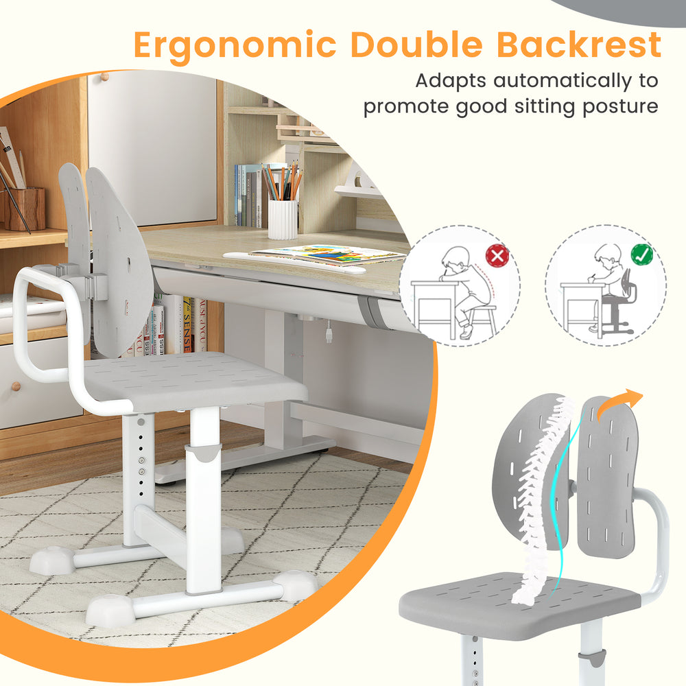 Height-adjustable kid's study chair with double back support in gray, promoting good posture for children aged 3 and up.