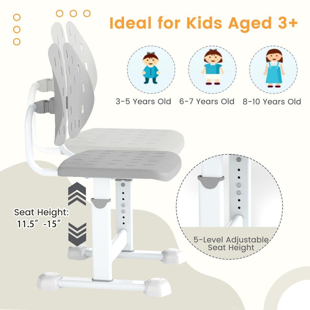 Height-adjustable kid's study chair in gray with double back support, suitable for ages 3+, ideal for study rooms.