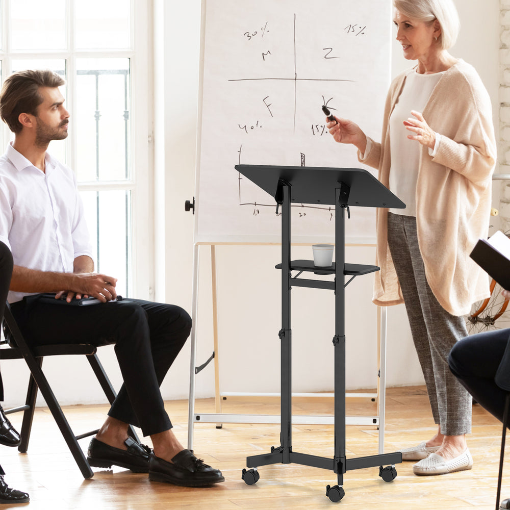 Mobile lectern podium with a sturdy triangle support bracket and rolling casters, perfect for flexible presentations.