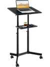 Height-adjustable mobile lectern podium with tilting top, storage tray, and lockable casters for versatile use.