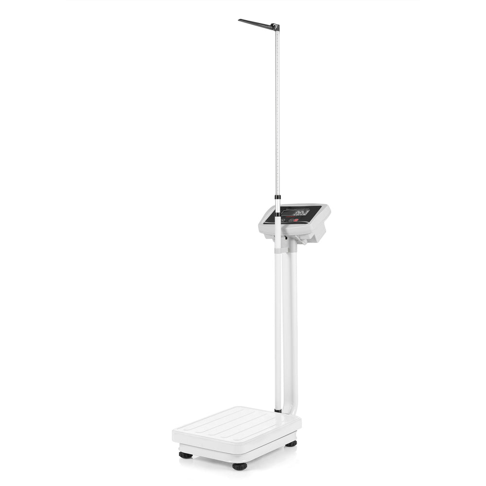 Digital height and weight scale with height rod, LED display, and 400 lbs capacity for versatile home and gym use.