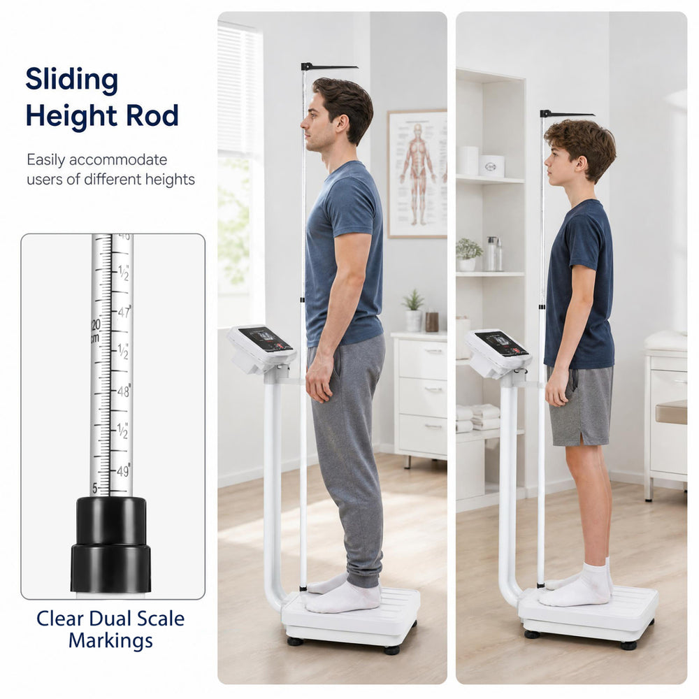 Digital height and weight scale with sliding height rod, clear LED display, and dual scale markings for accurate measurements.