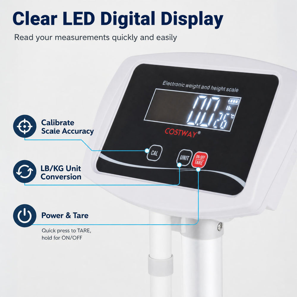 Digital height and weight scale with LED display, sliding height rod, and dual unit conversion for accurate measurements.