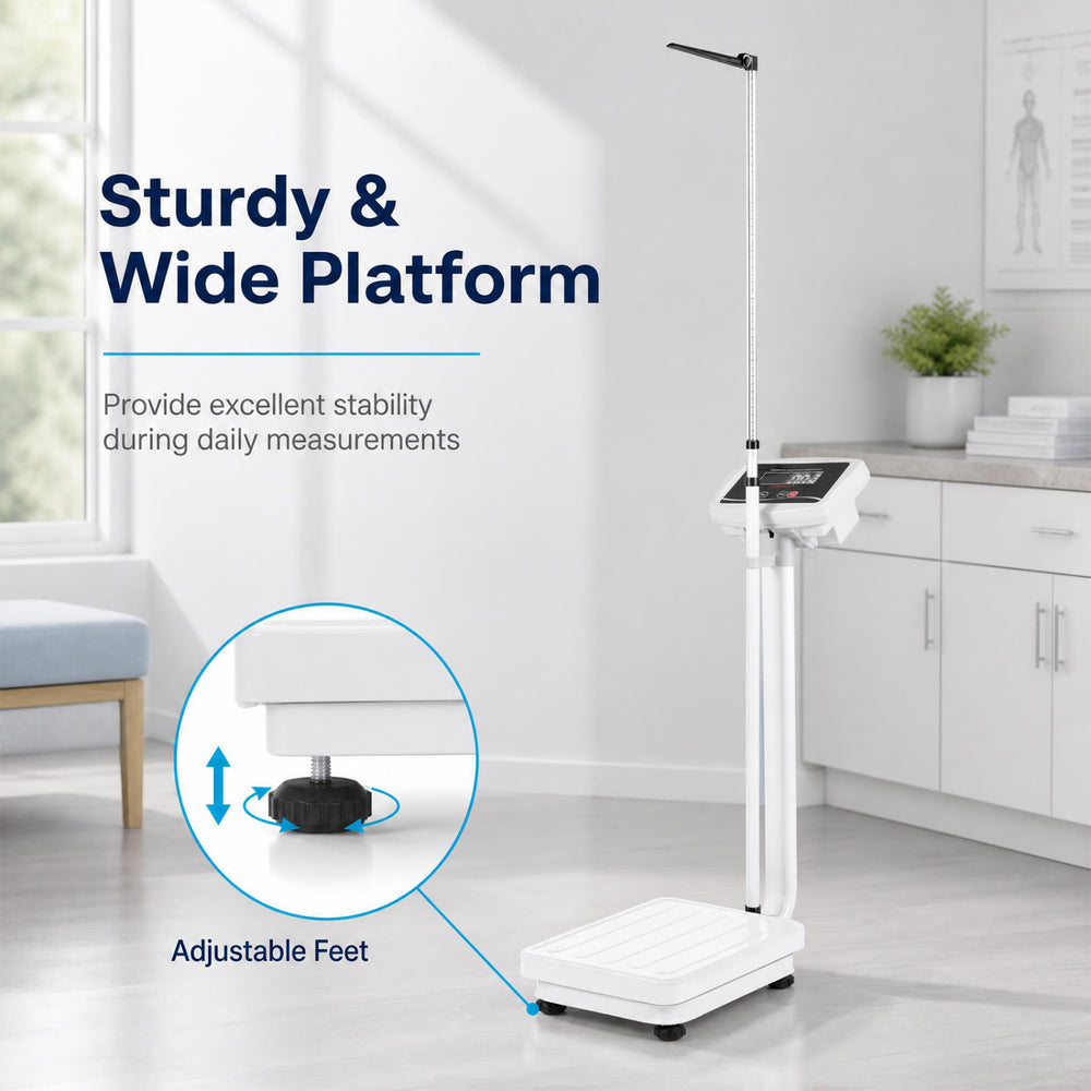 Digital height and weight scale with adjustable feet, sturdy platform, and LED display for accurate measurements up to 400 lbs.
