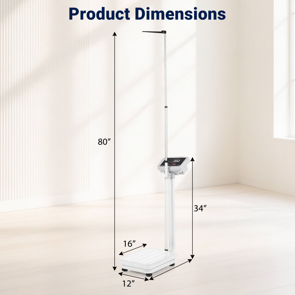 Digital height and weight scale with height rod, featuring an LED display and measuring range of 29.5"-80" and 0.04-400 lbs.