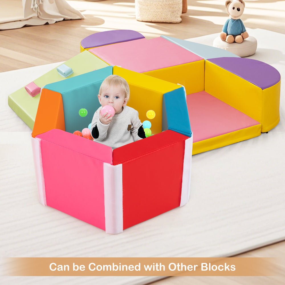 Hexagon kids ball pit foam climbing mat in multicolor with detachable PU covers for safe play and exercise.