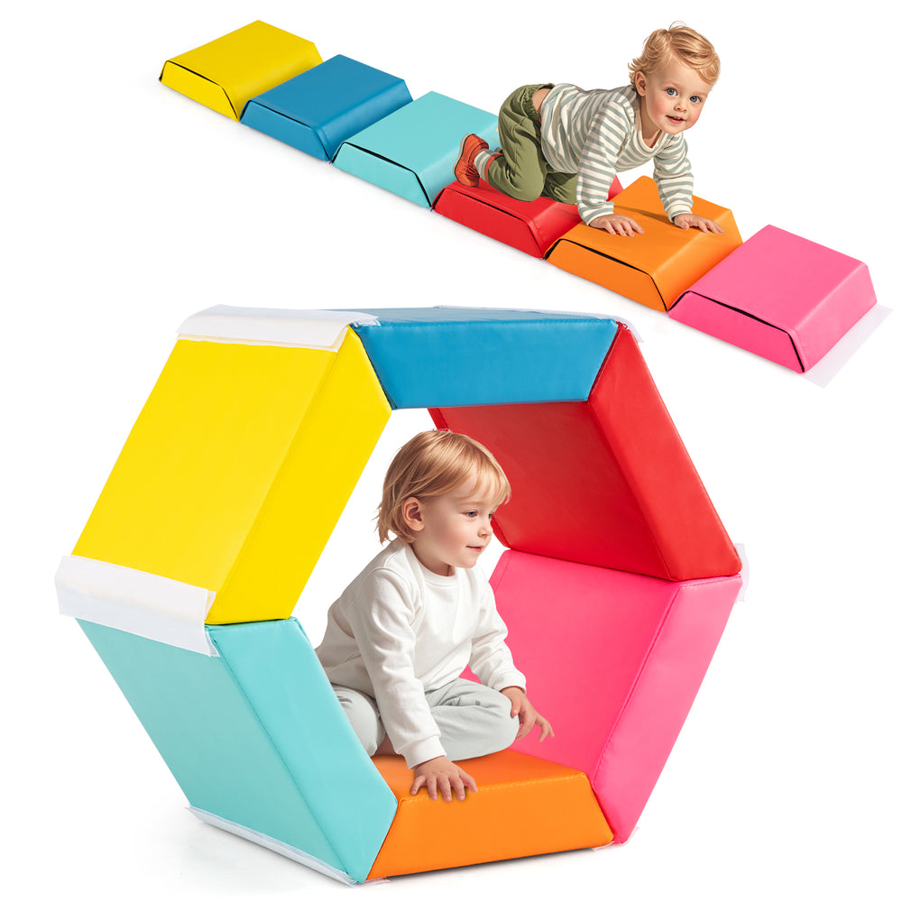 Colorful hexagon kids foam climbing mat with detachable covers, ideal for playrooms and promoting motor skills.