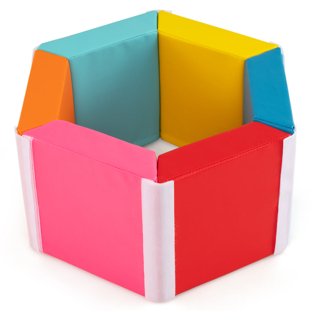 Hexagon kids ball pit foam climbing mat in multicolor with detachable PU covers, ideal for playrooms and exercise.