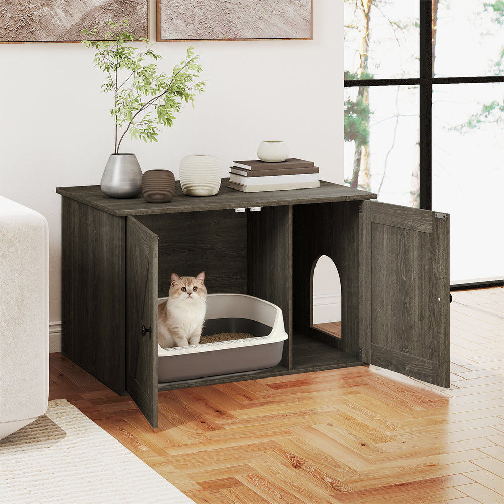 Hidden cat litter box enclosure in oak finish, featuring dual doors for easy access, ideal for stylish home integration.