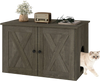 Hidden cat litter box enclosure in oak finish, featuring dual doors and a stylish design for living rooms and bedrooms.