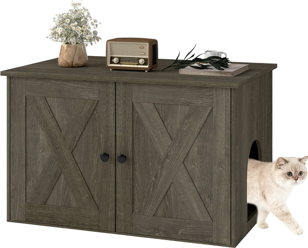 Hidden cat litter box enclosure in oak finish, featuring dual doors and a stylish design for living rooms and bedrooms.