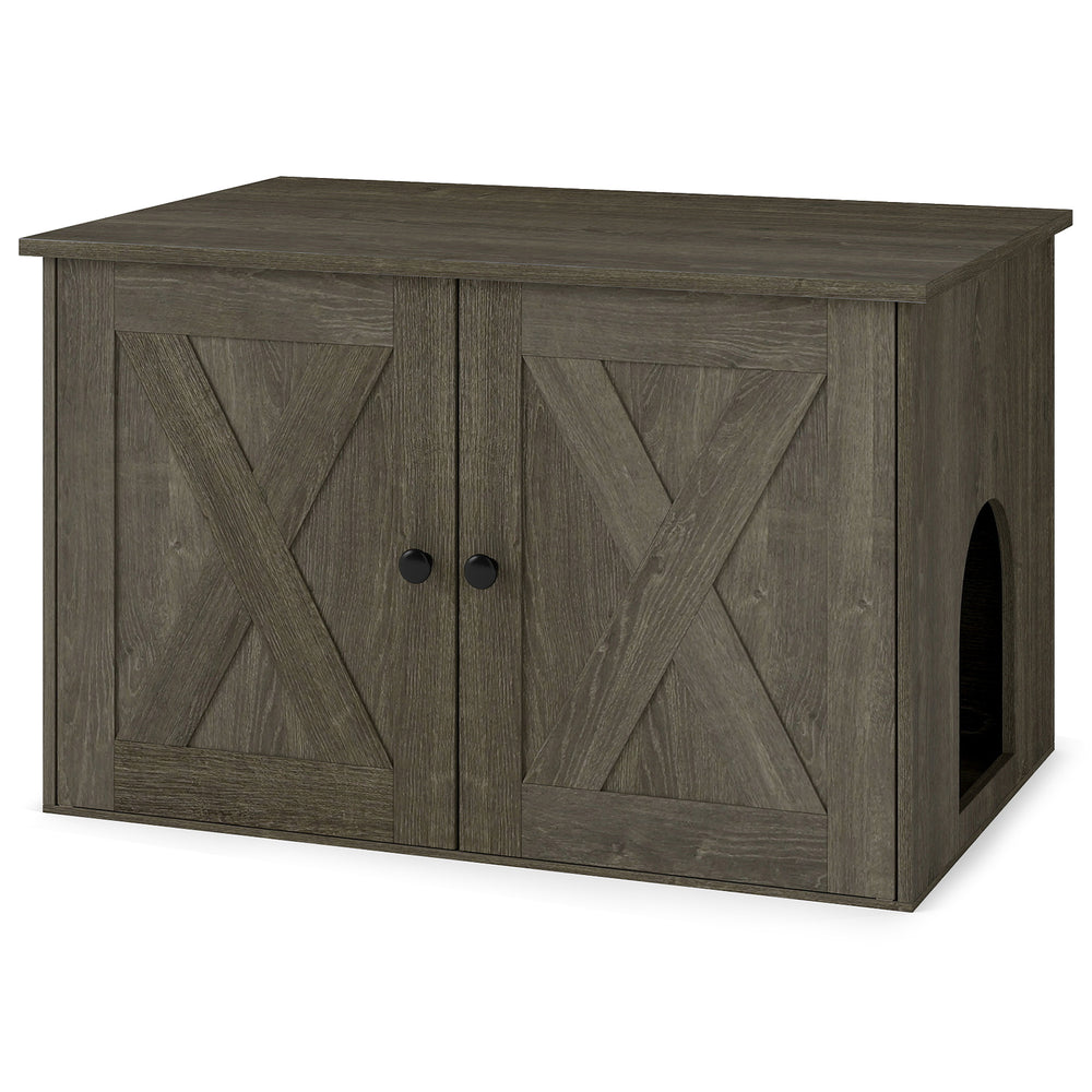 Hidden cat litter box enclosure in oak finish with dual doors, serving as a stylish side table for home decor.