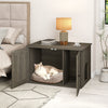 Hidden cat litter box enclosure in oak finish, featuring a large tabletop for plants and decor, perfect for versatile.