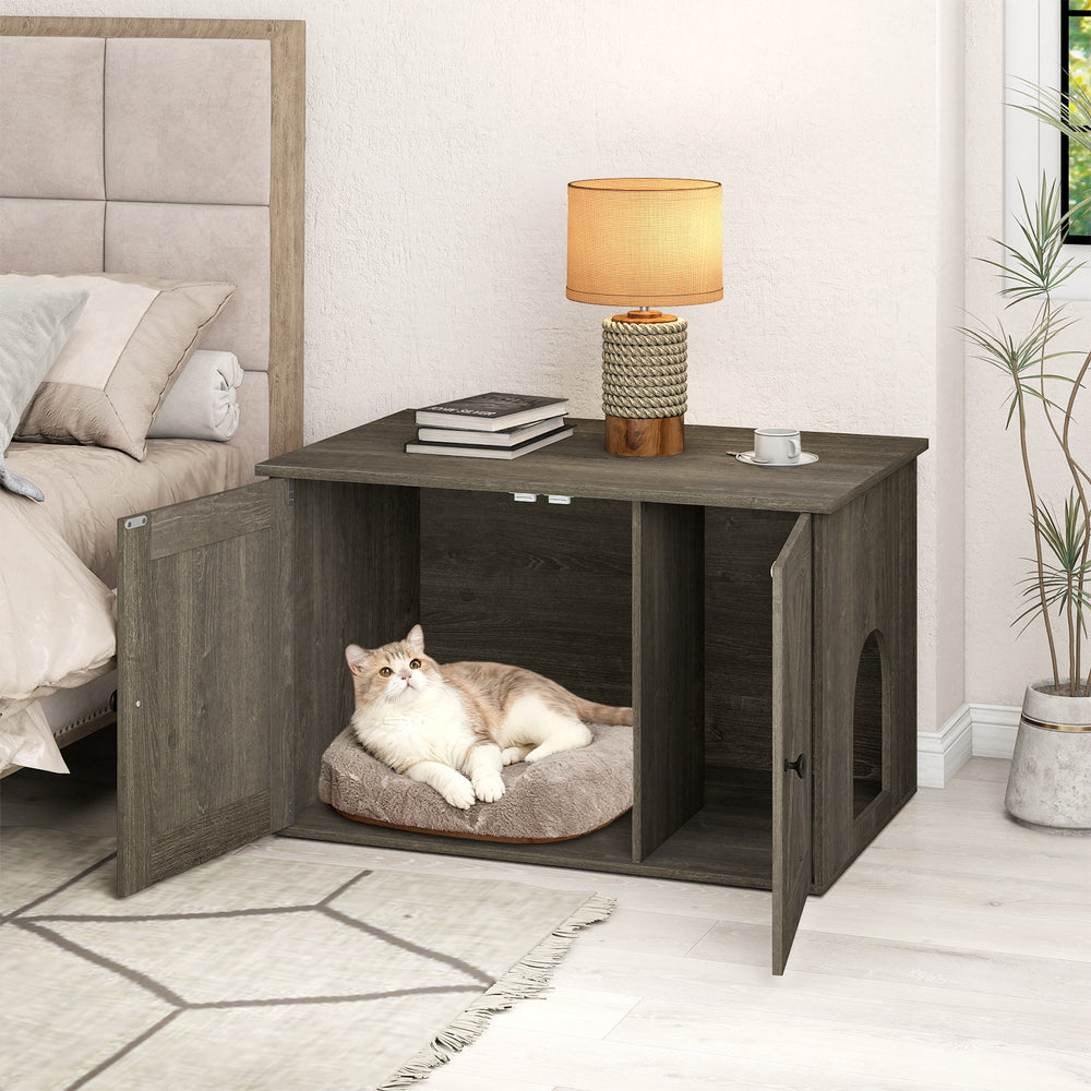 Hidden cat litter box enclosure in oak finish, featuring a large tabletop for plants and decor, perfect for versatile.